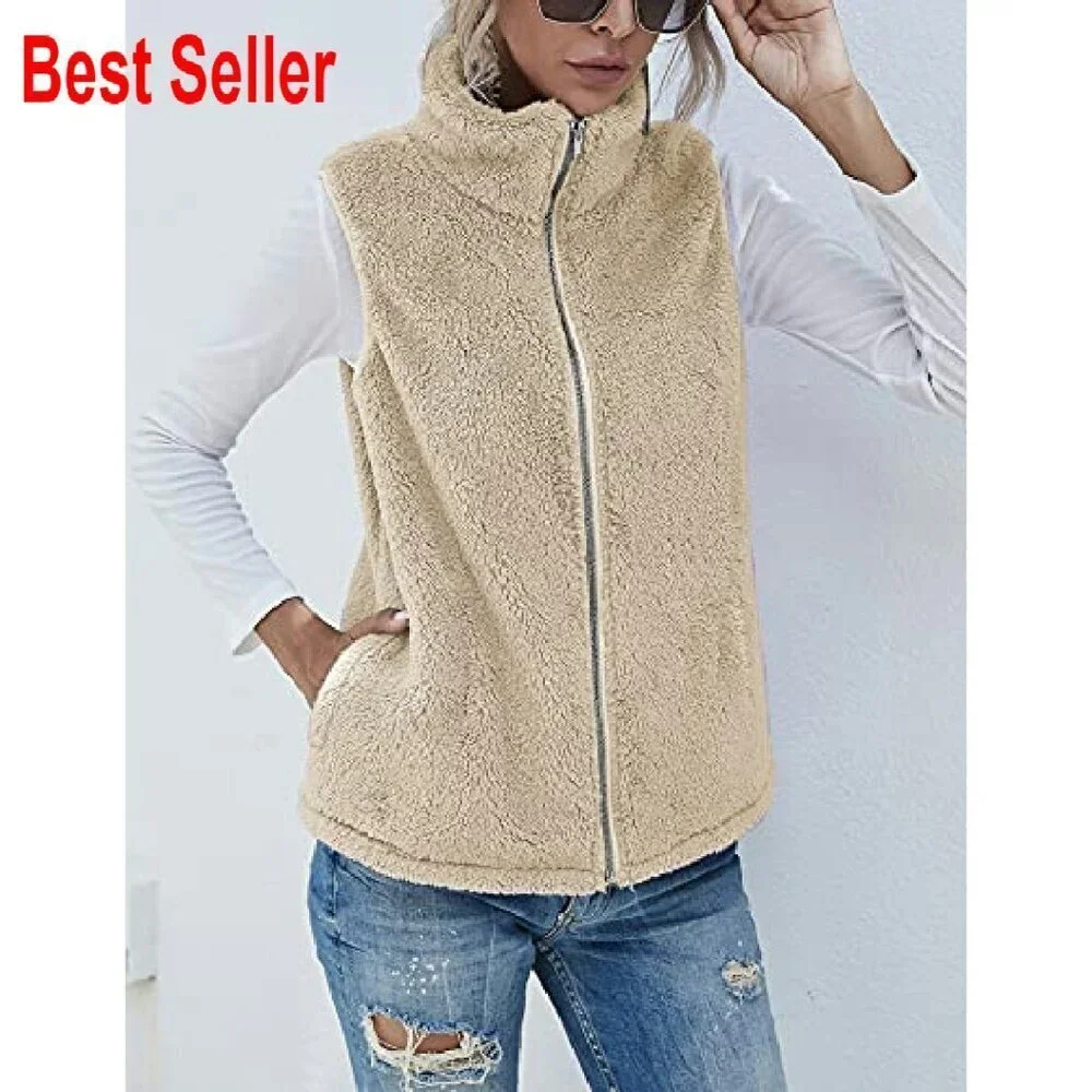 Fuzzy Sherpa Fleece Vest Cozy Sleeveless Cardigan Zipper Waistcoat Outerwear
